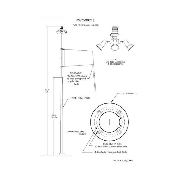 PWC-8071L-MS701 Point Lighting Corporation  PWC-8071L-2-ON-HBA-A-D-L-MT Lighted Wind Cone, 2,5m Sock, 6,6m Pole